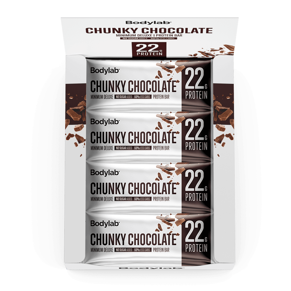 Køb Bodylab Minimum Deluxe Protein Bar (12 x 65 g) - Chunky Chocolate - Pris 229.00 kr.
